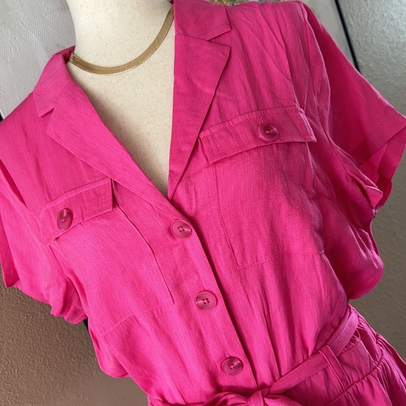 Hot pink button down romper with belt - Picture 9 of 9